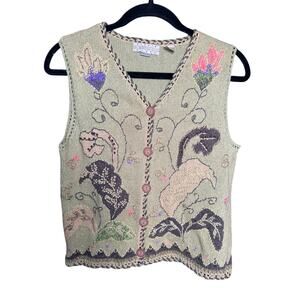 Sigrid Olsen Sport Petite Embroidered Knit Vest Ramie Cotton Floral Button Small